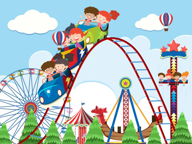 illustrazioni stock, clip art, cartoni animati e icone di tendenza di bambini e giostre al parco divertimenti - ferris wheel immagine