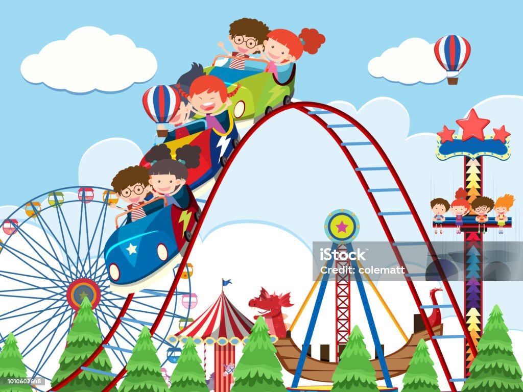 Children and rides at amusement park Children and rides at amusement park illustration Rollercoaster stock vector