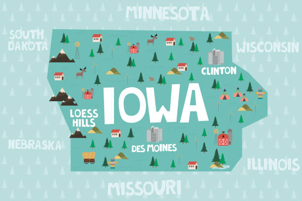 ilustraciones, imágenes clip art, dibujos animados e iconos de stock de mapa ilustrado del estado de iowa en estados unidos - iowa map