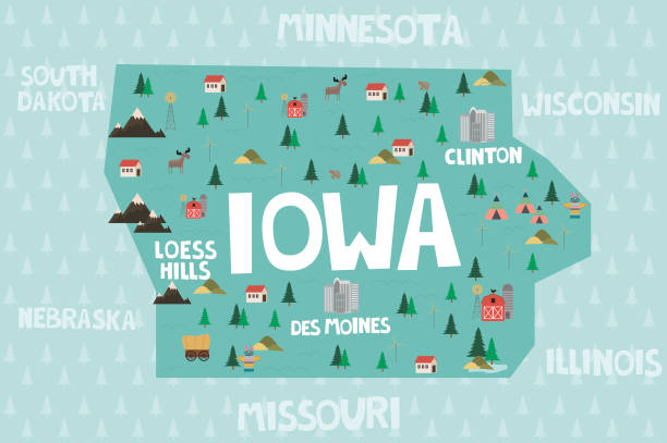 illustrazioni stock, clip art, cartoni animati e icone di tendenza di mappa illustrata dello stato dell'iowa in italia - iowa map