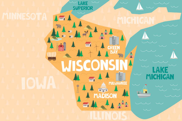 Illustrated map of the state of Wisconsin in United States Illustrated map of the state of Wisconsin in United States with cities and landmarks. Editable vector illustration wisconsin stock illustrations