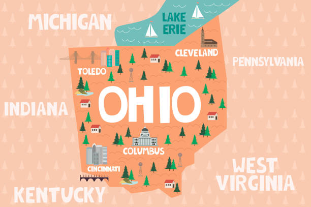 Illustrated map of the state of Ohio in United States Illustrated map of the state of Ohio in United States with cities and landmarks. Editable vector illustration ohio stock illustrations