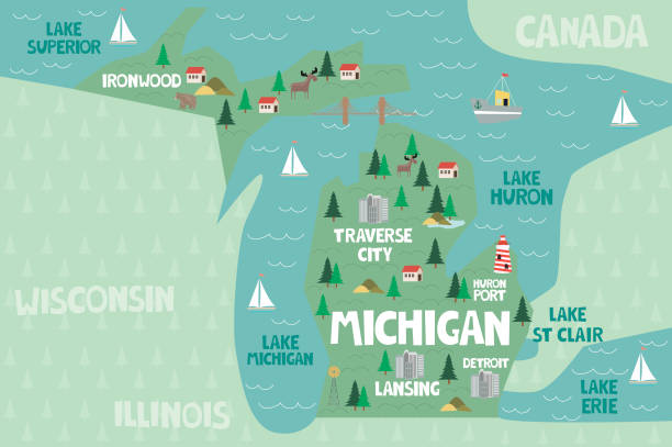 Illustrated map of the state of Michigan in United States Illustrated map of the state of Michigan in United States with cities and landmarks. Editable vector illustration michigan farmland stock illustrations