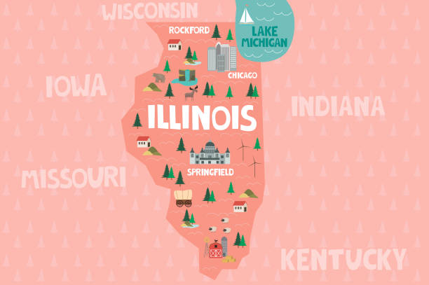 Illustrated map of the state of Illinois in United States Illustrated map of the state of Illinois in United States with cities and landmarks. Editable vector illustration illinois stock illustrations