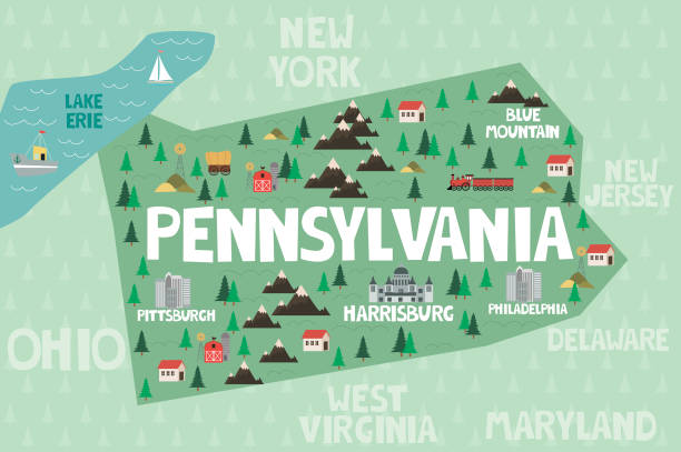 Illustrated map of the state of Pennsylvania in United States Illustrated map of the state of Pennsylvania in United States with cities and landmarks. Editable vector illustration pennsylvania stock illustrations