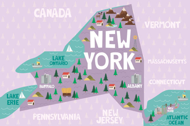 illustrazioni stock, clip art, cartoni animati e icone di tendenza di mappa illustrata dello stato di new york negli stati uniti - new york state immagine