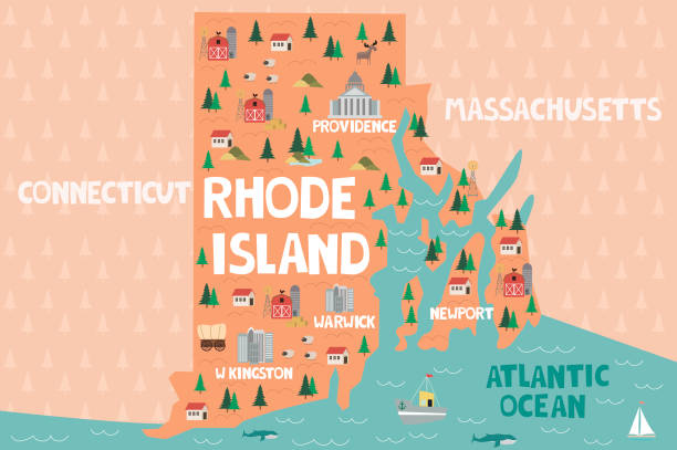 Illustrated map of the state of Rhode Island in United States Illustrated map of the state of Rhode Island in United States with cities and landmarks. Editable vector illustration rhode island stock illustrations
