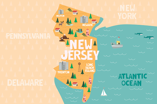 Illustrated map of the state of New Jersey in United States with cities and landmarks. Editable vector illustration