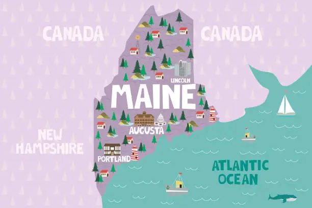 Vector illustration of Illustrated map of the state of Maine in United States with cities and landmarks. Editable vector illustration