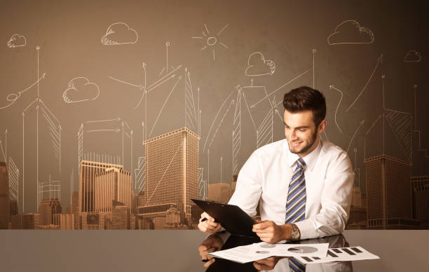 istock Businessman with buildings and measurements 1010618078