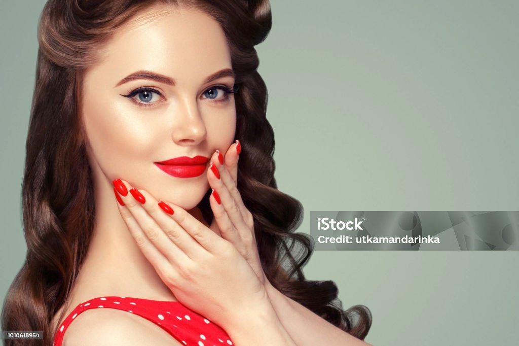 Pin Up Girl Vintage Beautiful Woman Pinup Style Portrait In Retro Dress And Makeup  Manicure Nails Hands Red Lipstick And Polka Dot Dress Stock Photo -  Download Image Now - iStock