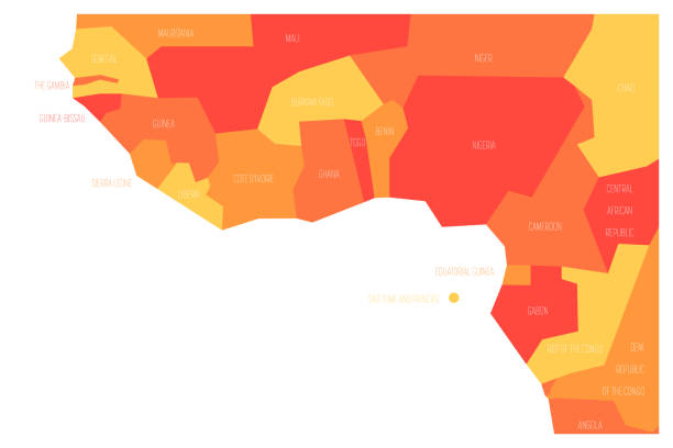 ilustrações de stock, clip art, desenhos animados e ícones de countries of guinea gulf - western africa. simplified and schematic political map. vector illustration in shades of orange - equatorial guinea