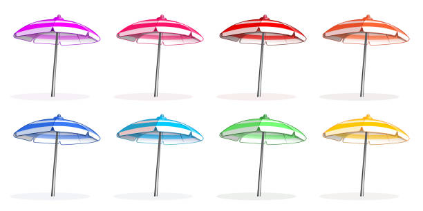 Beach umbrellas set Bright colorfu multi-colored beach umbrellas set. Beach umbrella side view. Vector illustration isolated on white background pink beach umbrella stock illustrations