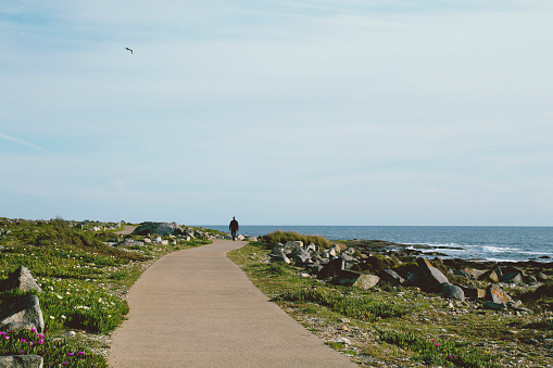 Loneny man having a walk in a hiking trail in the atlantic coastline
