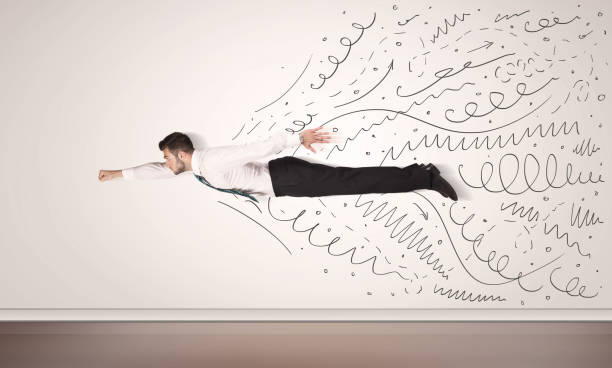 hombre de negocios volando con líneas dibujadas que salen de la mano - comming fotografías e imágenes de stock
