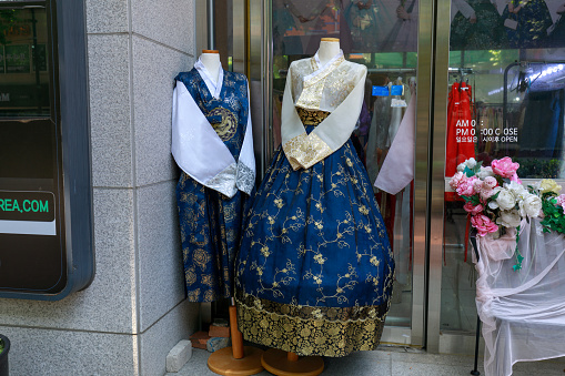 Seoul, South Korea - July 21, 2018 : Hanbok displayed in a hanbok store at Jongno 3-ga district, Seoul city