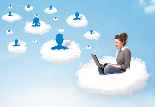 istock Young woman sitting in cloud with laptop 1010642694