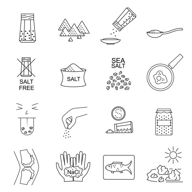 Salt Signs Black Thin Line Icon Set. Vector Salt Signs Black Thin Line Icon Set Include of Spoon, Sprinkle Hand, Saltcellar and Fish. Vector illustration of Icons salt pile stock illustrations