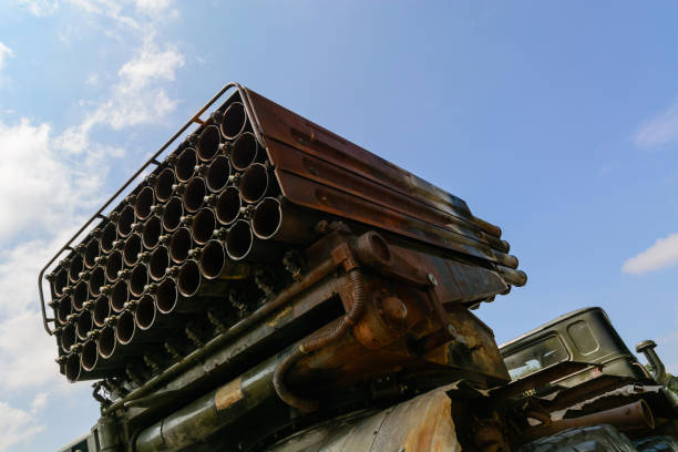 Russian missile artillery on the road, captured by Ukraine in the Donbass. Weapons from the battlefield. Evidence of Russian missile artillery on the road, captured by Ukraine in the Donbass. Weapons from the battlefield. Evidence of Russian aggression. donets basin photos stock pictures, royalty-free photos & images