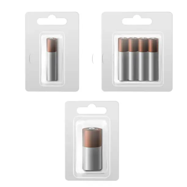 Vector illustration of Realistic Detailed 3d Batteries in Blister Set. Vector