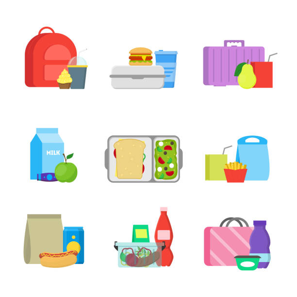 illustrations, cliparts, dessins animés et icônes de boîtes de nourriture-repas cartoon couleur école définie. vector - lunch packed lunch lunch box apple