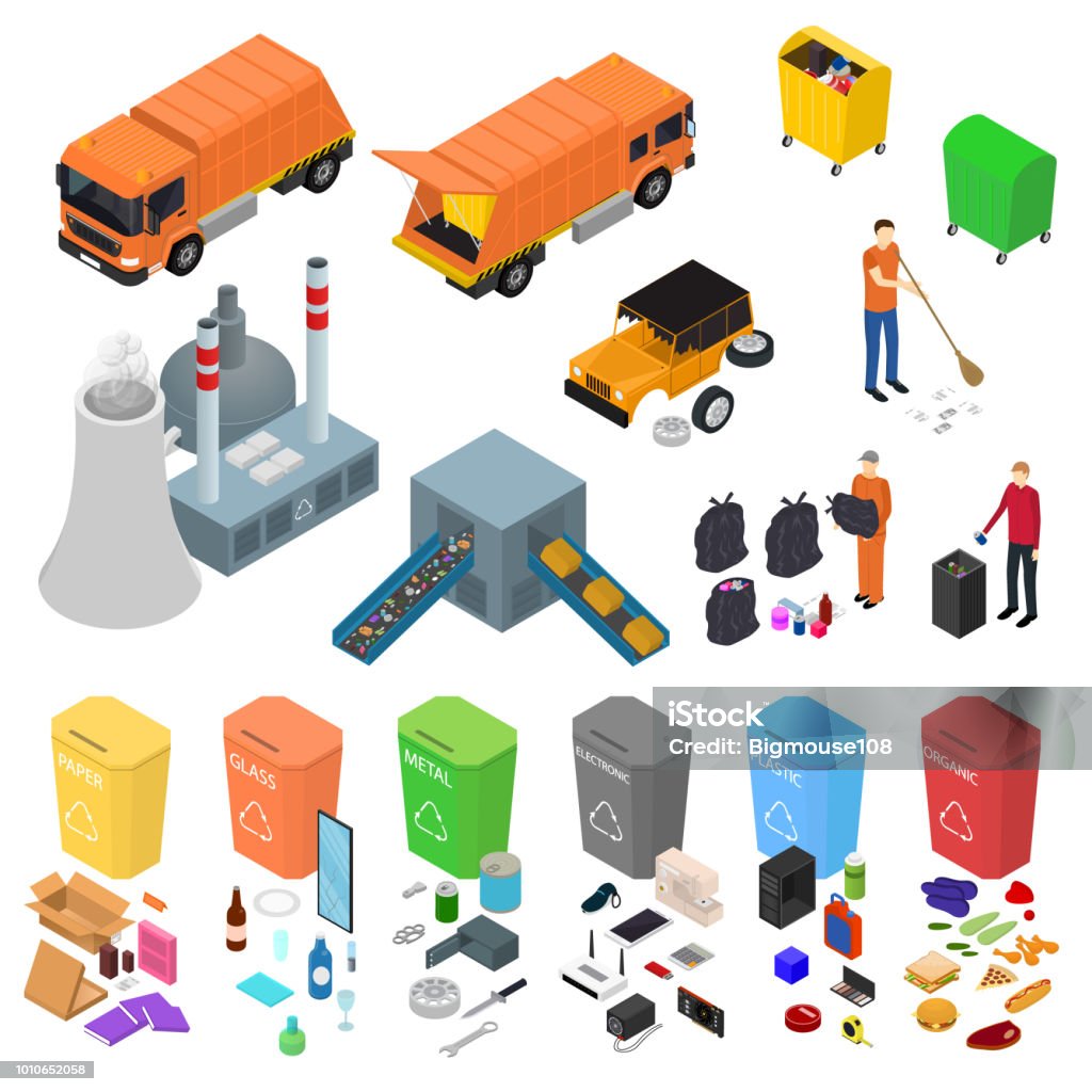 Garbage Recycling Signs 3d Icons Set Isometric View. Vector Garbage Recycling Signs 3d Icons Set Isometric View Include of Bin, Trash, Truck and Factory. Vector illustration of Icon Isometric Projection stock vector