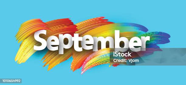 Bannière De Papier Bleue Septembre Avec Coups De Pinceaux Colorés Vecteurs libres de droits et plus d'images vectorielles de Septembre