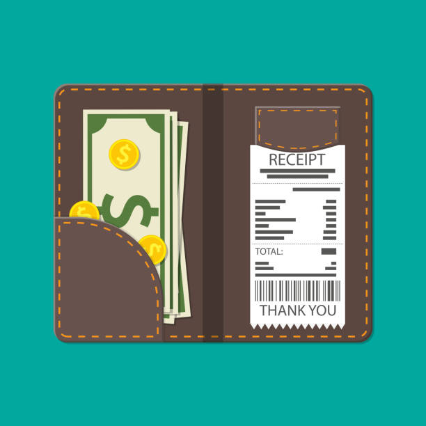 skórzany folder z gotówką, monetami i czekiem kasjera. - dinner currency table business stock illustrations