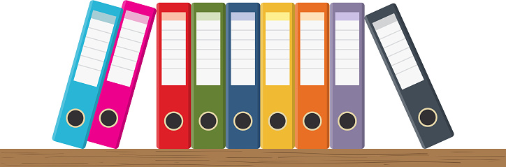 Document Storage Shelves with set of colored ring binders on white background. Office folders. Vector illustration in flat style