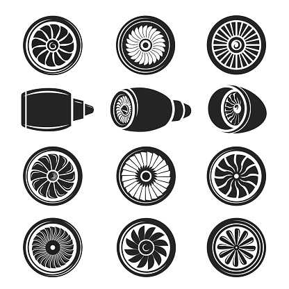 Airplane turbine icon set. Gas turbine powerful engine to produce forward technology motion, in black and white. Vector illustration