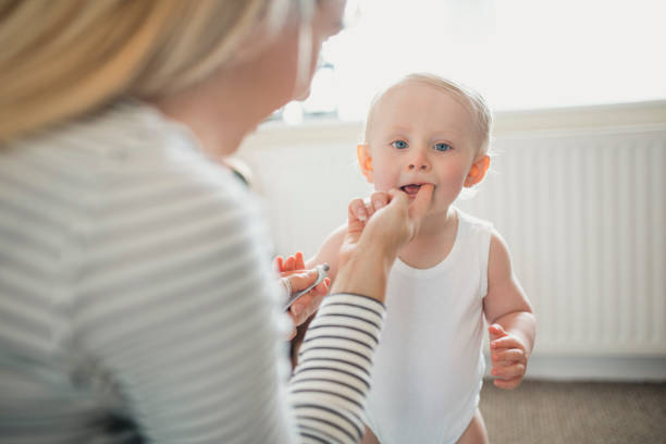 Mother Applies Teething Gel To Her Baby Boy's Mouth Baby boy standing as his mother applies teething gel with her finger. baby teeth stock pictures, royalty-free photos & images