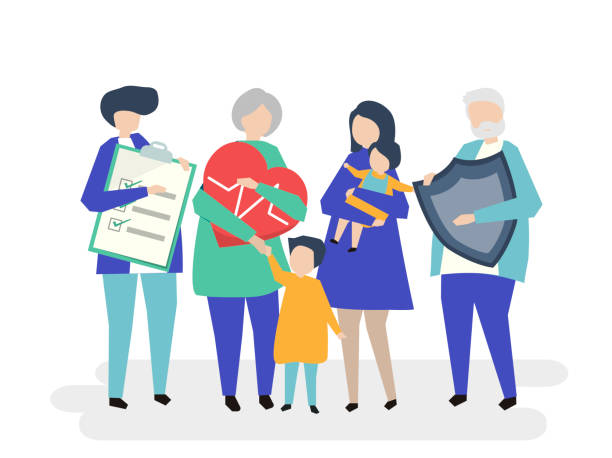 Characters of an extended family with healthcare illustration Characters of an extended family with healthcare illustration medicare icons stock illustrations