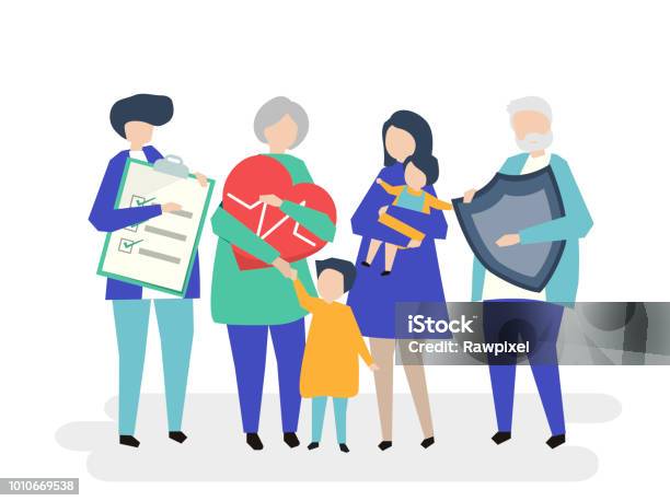Characters Of An Extended Family With Healthcare Illustration Stock Illustration - Download Image Now
