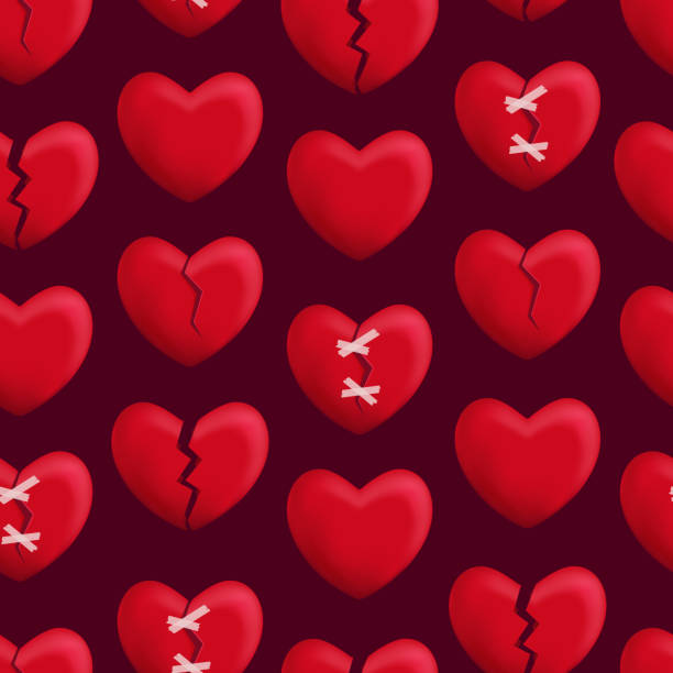 Realistic Detailed 3d Red Broken Hearts Seamless Pattern Background. Vector Realistic Detailed 3d Red Broken Hearts Seamless Pattern Background Symbol of Pain and Love. Vector illustration of Icon Heart divorce patterns stock illustrations