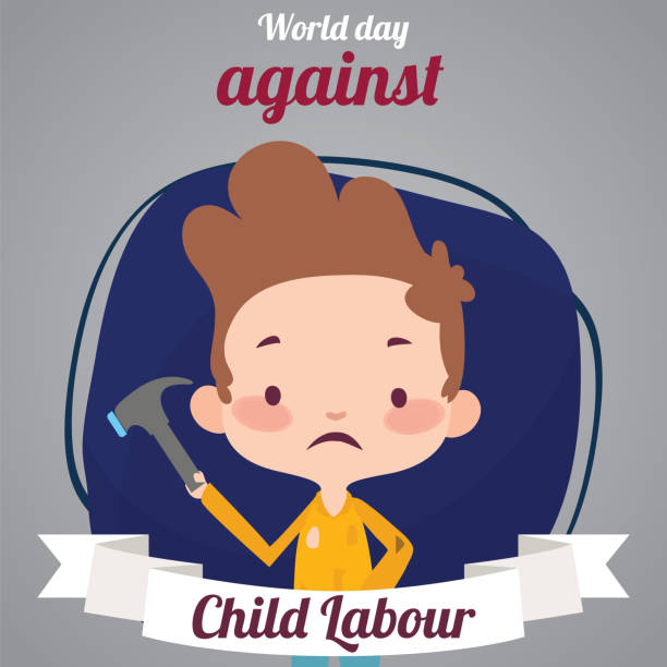 World Day Against Child Labour, 12 June. Young boy with hammer in hand conceptual illustration vector. child labor stock illustrations