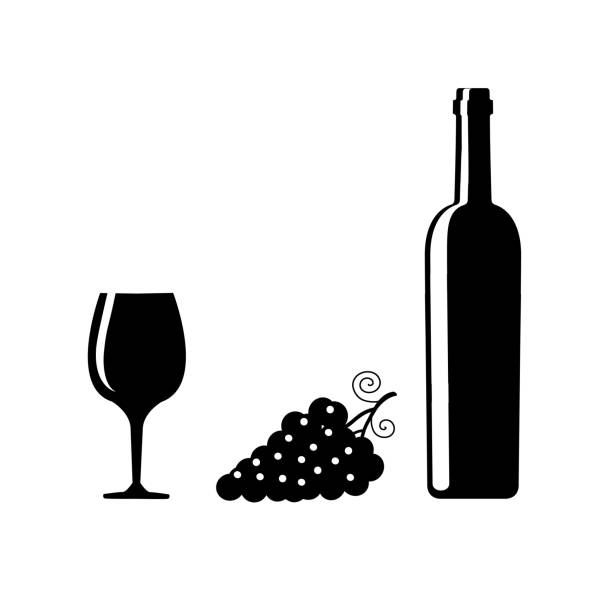 wine_cheese_and_grapes_black sylwetki na białym tle - cheese wine white background grape stock illustrations