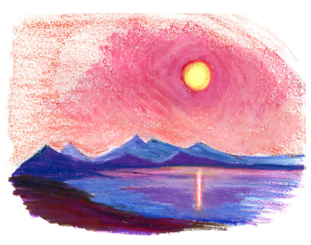 istock Pastel painting, pink sunset, sea, mountains 1010681392