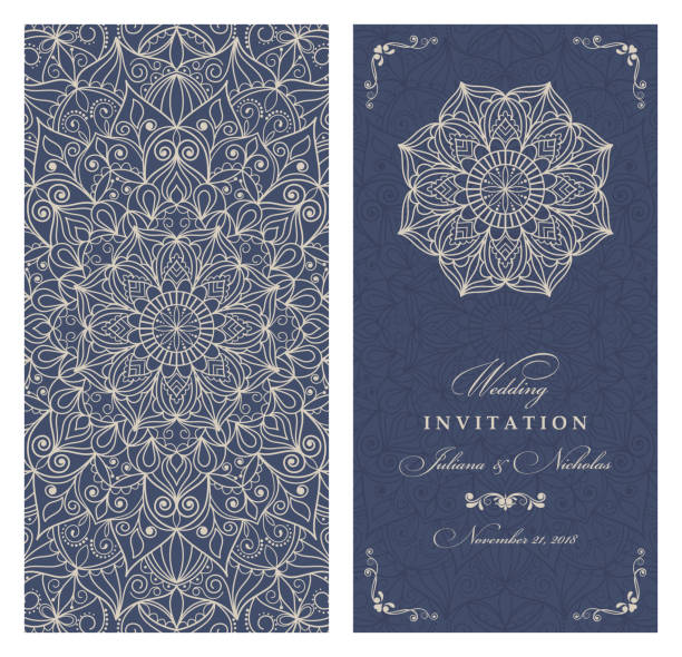 illustrations, cliparts, dessins animés et icônes de mariage invitation cartes de style oriental bleu et demestre. motif de l’arabe. ornement de mandala. cadre avec des éléments de fleurs. - mariage orientale