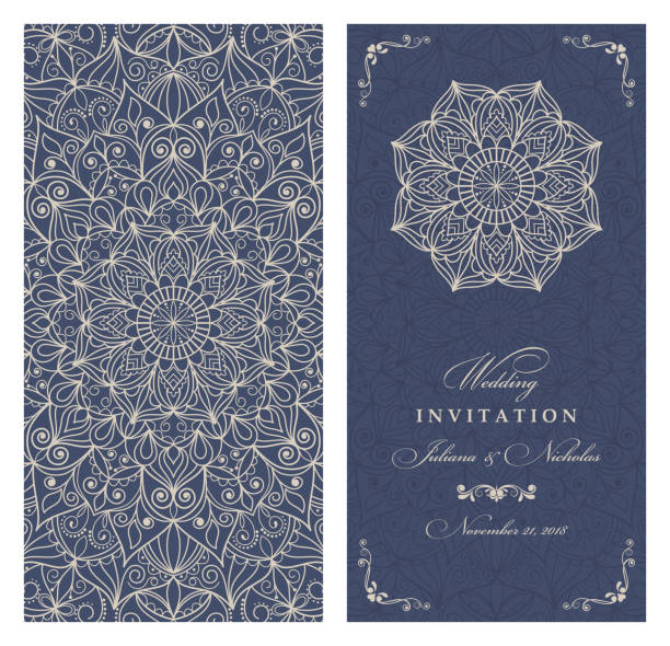 Wedding invitation cards Eastern style blue and deige. Arabic  Pattern. Mandala ornament. Frame with flowers elements. Vector illustration hinduism stock illustrations