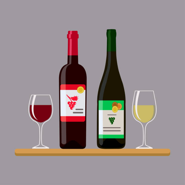 illustrazioni stock, clip art, cartoni animati e icone di tendenza di due bottiglie di vino e due bicchiere, isolate su sfondo grigio - wine bottle illustrations