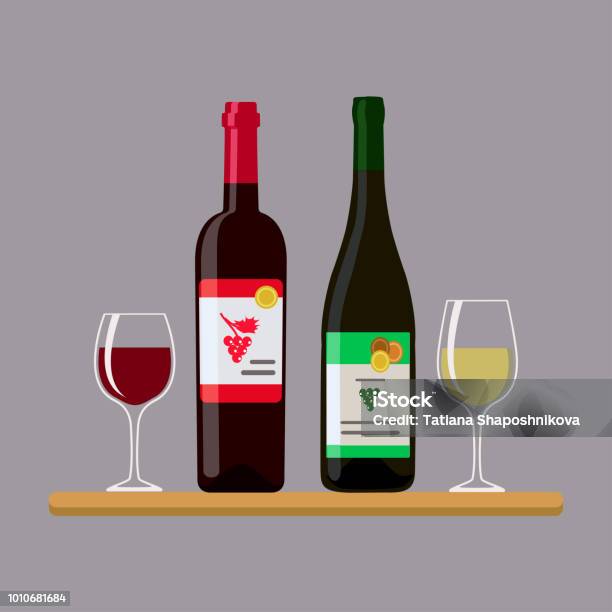 Two Bottles Wine And Two Glass Isolated On Gray Background - Arte vetorial de stock e mais imagens de Garrafa de Vinho