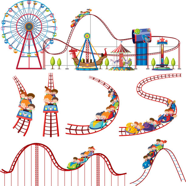 illustrazioni stock, clip art, cartoni animati e icone di tendenza di una serie di divertenti montagne russe del parco - ferris wheel immagine