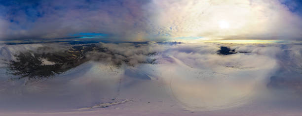 Winter mountain panorama VR 360 from drone. winter mountain trail on a sunny day.