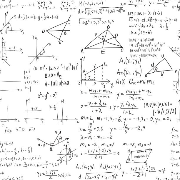 ilustrações, clipart, desenhos animados e ícones de educação matemática vetorial padrão sem emenda com fórmulas escritas à mão, tarefas, enredos, cálculos e figuras geométricas. textura sem fim. palestra manuscrita de fundo matemático em um papel de caderno - seamless pattern backgrounds paper