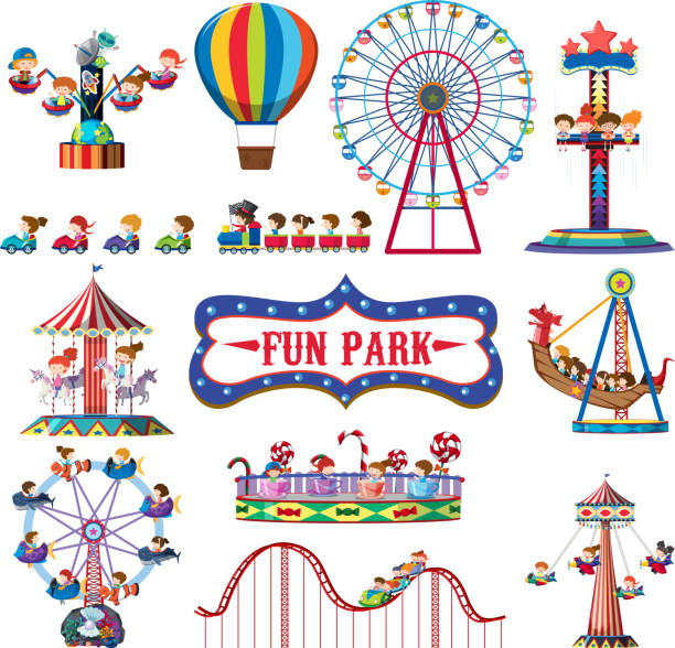ilustraciones, imágenes clip art, dibujos animados e iconos de stock de un conjunto divertido parque de atracciones - parque de atracciones ilustraciones