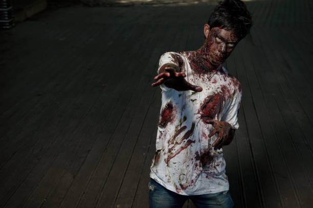 Halloween theme:Ghost man Horror on the ruins of an old walkway building with clipping path.