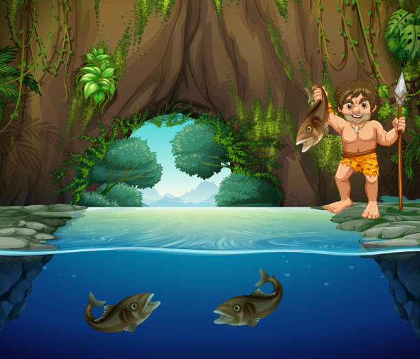 A Caveman Catching Big Fish A Caveman Catching Big Fish illustration stone age stock illustrations