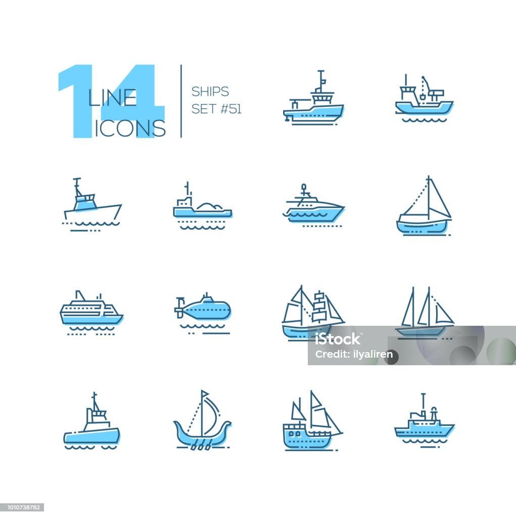 Water transport - thin line design icons set Water transport - thin line design icons set. Tugboat, dredging vessel, sailing yacht, self-propelled barge, patrol boat, ferry, submarine, brigantine, schooner, drakkar, pirate, survey, military ship Icon Symbol stock vector