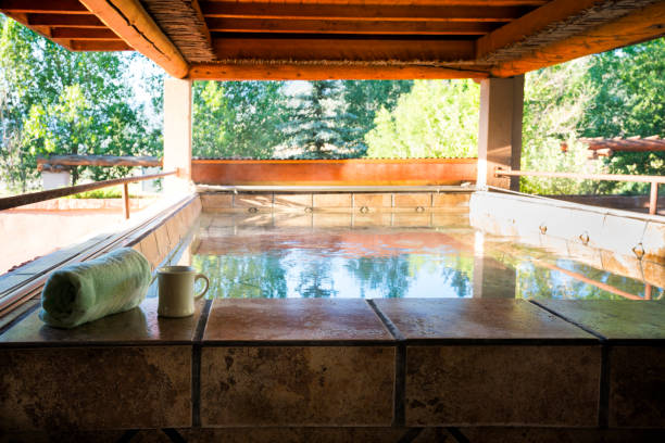 Hot thermal pool for soaking Hot thermal pool under a wood and thatched roof ready for soaking at Chipeta Solar Springs Resort, Ridgway, Colorado, USA ridgway stock pictures, royalty-free photos & images