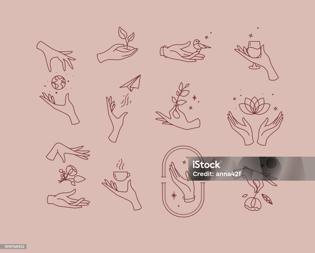 Flat hand symbols pink brown Hand symbols silhouettes drawing in flat style on pink brown background Hand stock vector